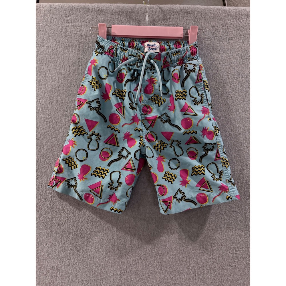 Beach Bros Boys Retro Geometric Pineapple Swim Trunks Blue Pink Size 10